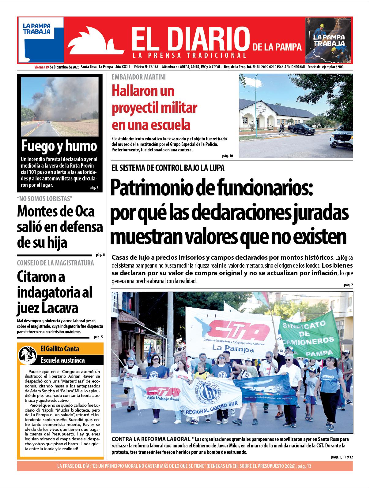 Tapa de El Diario en papel  viernes 19 de diciembre de 2025
